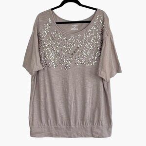 Lane Bryant Top Tee Blouse Sequined Design Taupe Color Size 18/20 Banded Bottom